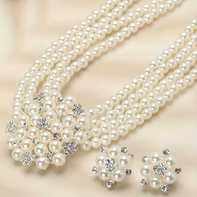 Parure de luxe collier et boucles d'oreilles pour femme – Bijoux plaqués argent perlés pour mariage, soirée et spectacle, accessoires de robe élégants