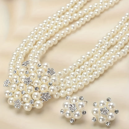 Parure de luxe collier et boucles d'oreilles pour femme – Bijoux plaqués argent perlés pour mariage, soirée et spectacle, accessoires de robe élégants