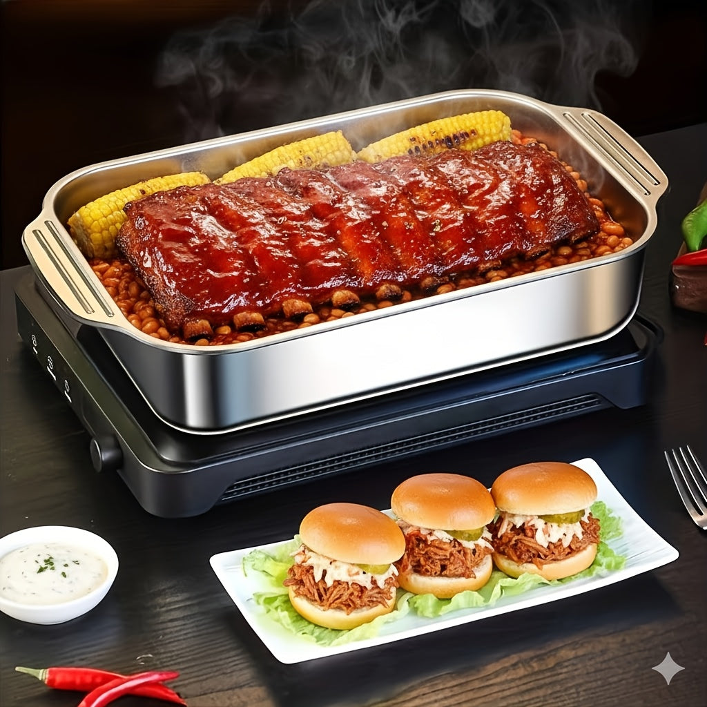 Ensemble de 4 plats de cuisson en acier inoxydable – 2 plats à rôtir profonds et 2 plats avec couvercle et poignées, plat rectangulaire de 6 litres et 41 cm pour dinde, lasagnes, poisson et poulet, compatible lave-vaisselle