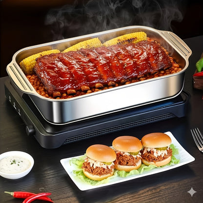 Ensemble de 4 plats de cuisson en acier inoxydable – 2 plats à rôtir profonds et 2 plats avec couvercle et poignées, plat rectangulaire de 6 litres et 41 cm pour dinde, lasagnes, poisson et poulet, compatible lave-vaisselle