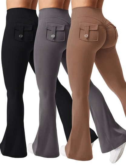 Ensemble 3 pièces pour femme : pantalon de yoga évasé à taille haute avec ceinture et poches, legging galbant effet push-up, squat-proof, 90 % polyester extensible, coupe évasée pour le sport, la gym, la course et le quotidien