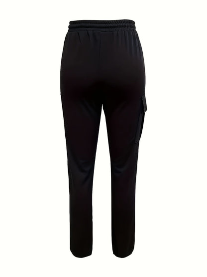 Women's Drawstring Waist Cargo Pants with Pockets - Solid Color Woven Polyester Casual Long Pants for Weekend Outdoor Wear