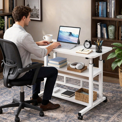 Bureau de lit roulant réglable en hauteur de 58 à 89 cm avec étagère de rangement et roulettes multidirectionnelles pour chambre à coucher, bureau ou ordinateur portable
