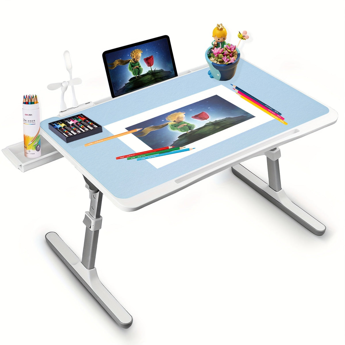 Plateau de lit pour ordinateur portable avec lampe USB, ventilateur et tiroir – Support d'ordinateur portable portable et réglable pour lit, canapé, bureau pour lire, écrire, manger, 10 couleurs et tailles