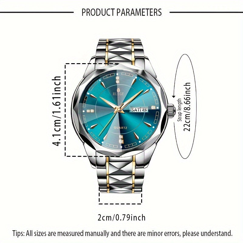 Montre à quartz pour homme RUIGE – Veilleuse, double calendrier, cadran à facettes façon diamant, boîtier en acier inoxydable, bracelet en alliage, montre-bracelet business décontracté, cadeau idéal pour la fête des pères
