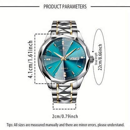 Montre à quartz pour homme RUIGE – Veilleuse, double calendrier, cadran à facettes façon diamant, boîtier en acier inoxydable, bracelet en alliage, montre-bracelet business décontracté, cadeau idéal pour la fête des pères