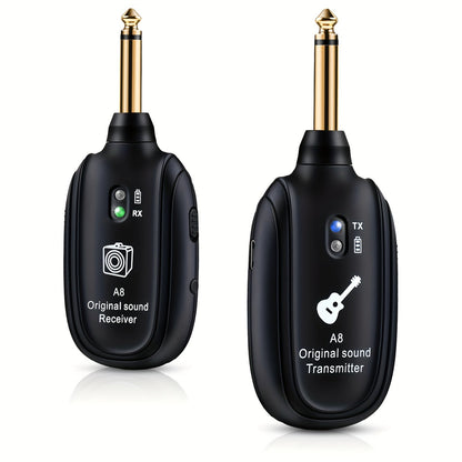 Système sans fil pour guitare A8 avec émetteur et récepteur rechargeables intégrés – Audio stéréo, chargement USB, compatible avec guitare électrique, basse et violon, fonctionne avec les amplificateurs