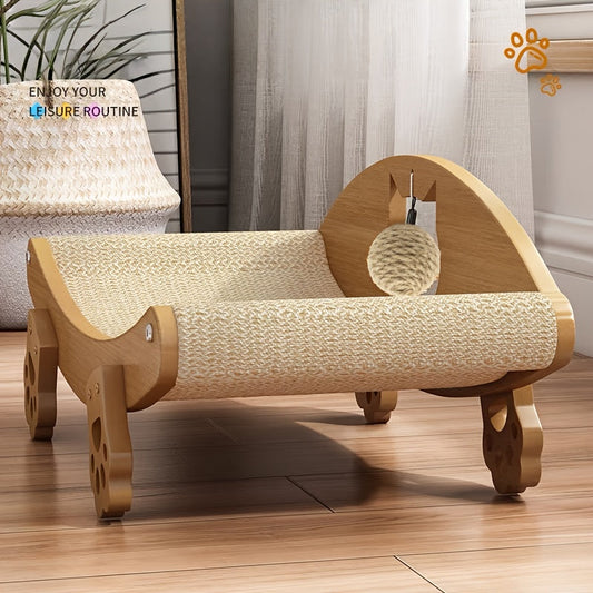 Natural Sisal Cat Scratcher Lounge Chair with Hanging Ball Toy – Solid Wood Curved Cat Bed Scratching Pad, Anti-Scratch Kitty Sofa, Furniture Protector for Indoor Cats