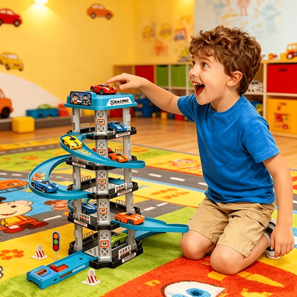 Garage de stationnement 5 étages, 62 pièces, circuit de course 3D multi-niveaux avec 2 voitures, lanceurs à éjection, pistes de drift, héliport, station-service, jouet STEM à assembler pour anniversaire ou cadeau de nouvel an pour garçons et enfants