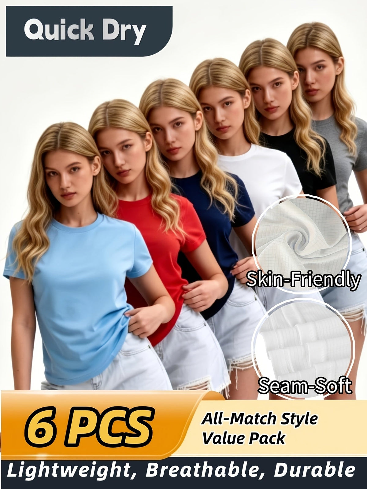 Lot de 6 t-shirts de sport pour femme, respirants, anti-transpirants et doux pour la peau, parfaits pour le sport en extérieur, la salle de gym ou le quotidien – Couleurs assorties, tailles XS-XXL