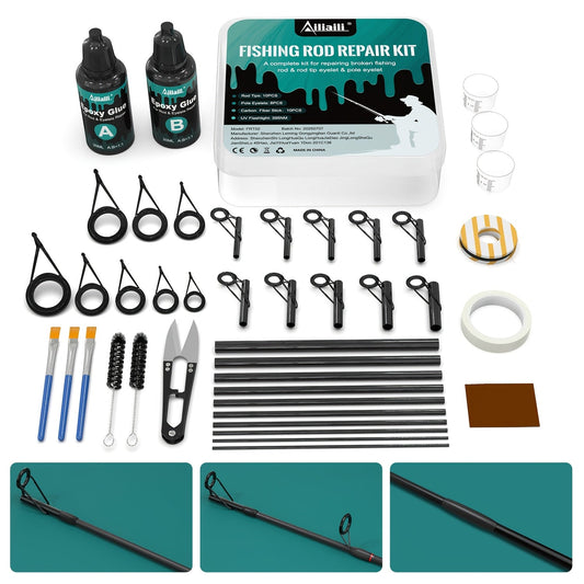 Kit de réparation complet pour canne à pêche – Anneaux de scion, anneaux de guidage, colle époxy AB, fil de ligature et papier texturé, fournitures de remplacement complètes pour cannes cassées