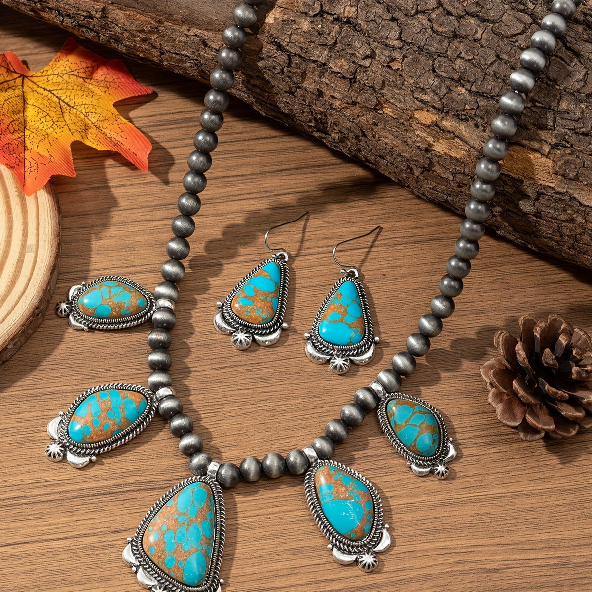 Parure de bijoux vintage bohème avec boucles d'oreilles et collier en perles turquoise et orange, en alliage de zinc, style ethnique pour femme, idéal pour le quotidien, les vacances et comme cadeau