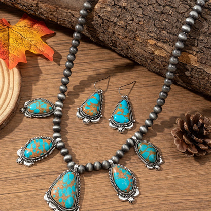 Parure de bijoux vintage bohème avec boucles d'oreilles et collier en perles turquoise et orange, en alliage de zinc, style ethnique pour femme, idéal pour le quotidien, les vacances et comme cadeau