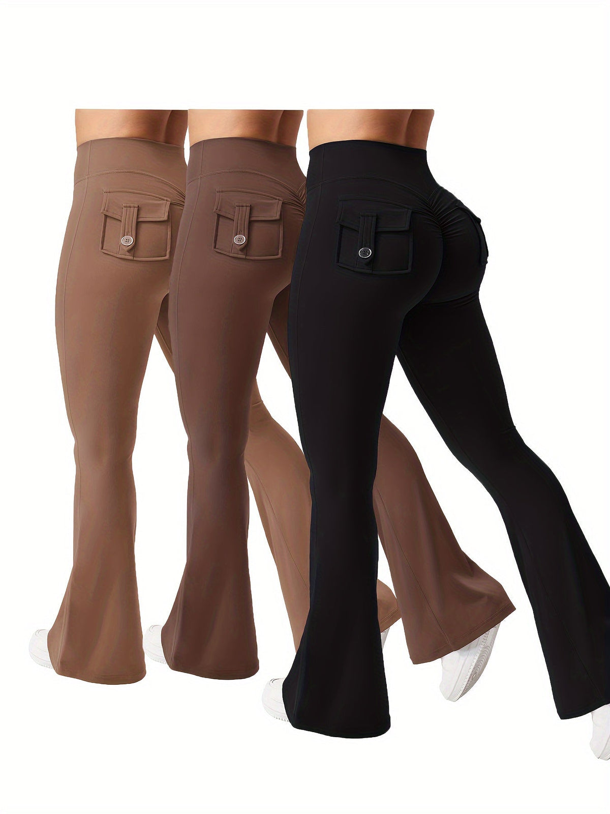 Ensemble 3 pièces pour femme : pantalon de yoga évasé à taille haute avec ceinture et poches, legging galbant effet push-up, squat-proof, 90 % polyester extensible, coupe évasée pour le sport, la gym, la course et le quotidien