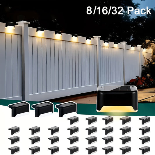 Lampes solaires LED pour terrasse, escaliers et marches d'extérieur, allumage/extinction automatique, 12 heures d'éclairage blanc chaud pour clôture, allée, patio, balcon et jardin – ABS résistant aux intempéries, lot de 8, 16 ou 32 – Aucun câblage requis