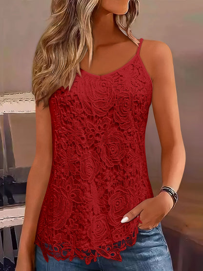 Caraco à col en V avec empiècements en dentelle pour femme - Débardeur en maille sans manches disponible en 8 couleurs, du S au XXL, tenue d'été élégante