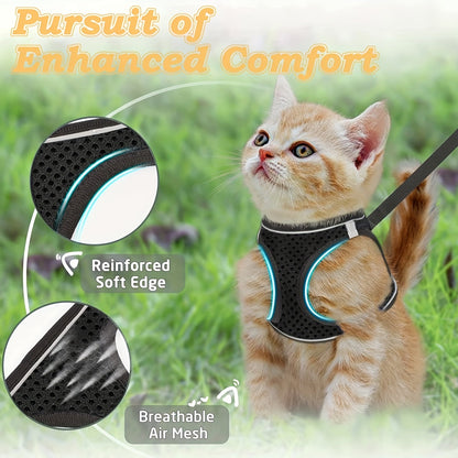 Harnais et laisse anti-fugue pour chatons - Harnais gilet en maille souple réfléchissante pour des promenades en extérieur en toute sécurité, veste de marche réglable et respirante pour chat, noir et rose, taille S