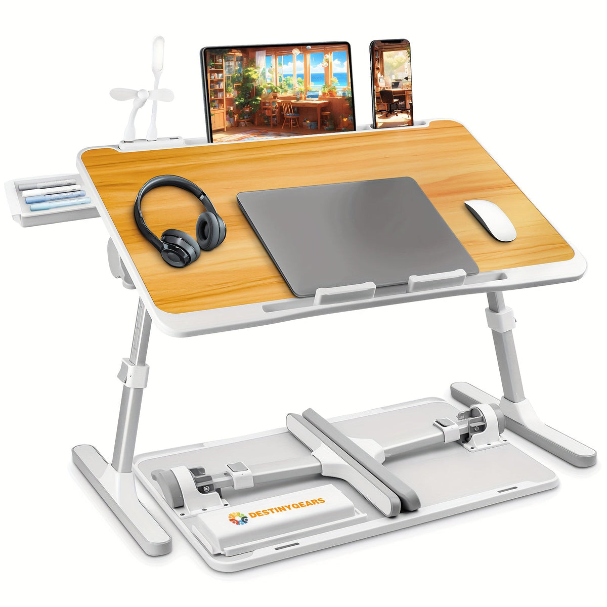 Plateau de lit pour ordinateur portable avec lampe USB, ventilateur et tiroir – Support d'ordinateur portable portable et réglable pour lit, canapé, bureau pour lire, écrire, manger, 10 couleurs et tailles