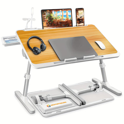 Plateau de lit pour ordinateur portable avec lampe USB, ventilateur et tiroir – Support d'ordinateur portable portable et réglable pour lit, canapé, bureau pour lire, écrire, manger, 10 couleurs et tailles