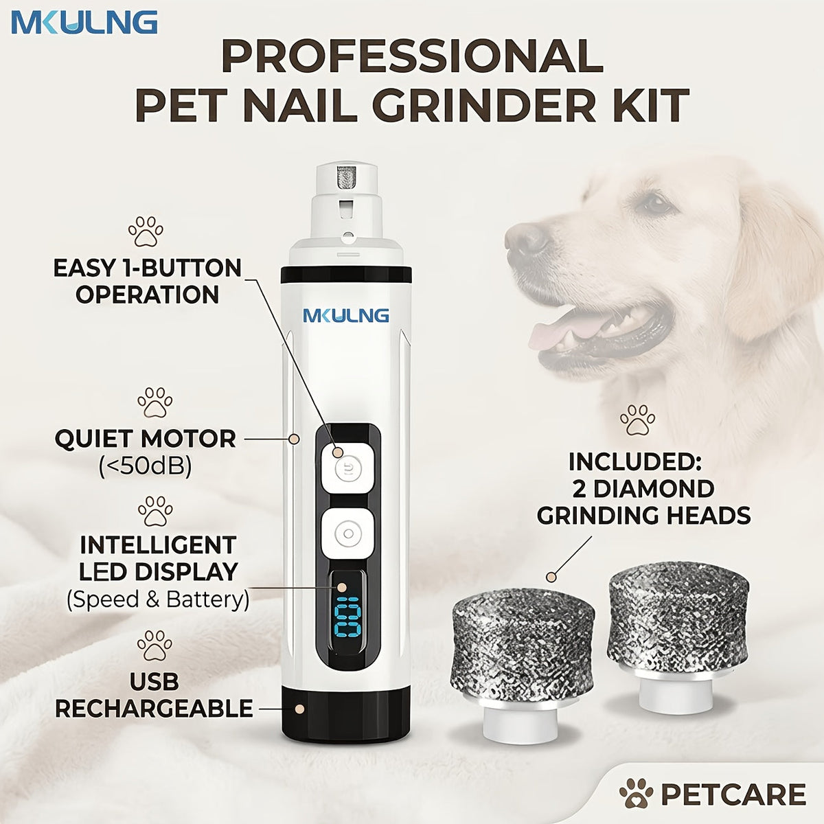 Coupe-griffes électrique silencieux pour animaux avec lumière LED – Kit de tondeuse rechargeable amélioré à 3 vitesses, entretien des pattes sans douleur pour chiens et chats de petite, moyenne et grande taille