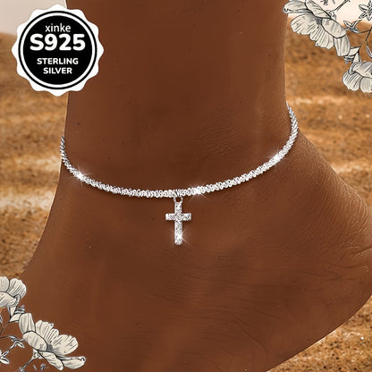 Chevillère croix en argent sterling S925 pour femme – Ornée d'un diamant synthétique étincelant, bijou bohème pour la plage et les vacances, accessoire pour tenue décontractée, cadeau idéal pour la Saint-Valentin et la fête des mères