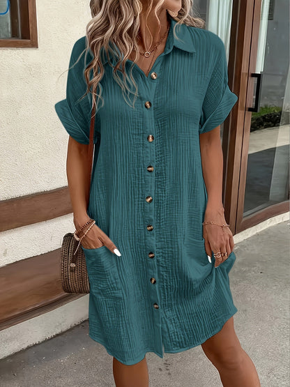 Robe chemise boutonnée unie pour femme – Robe tunique rétro décontractée à revers respirante pour un usage quotidien en toute saison