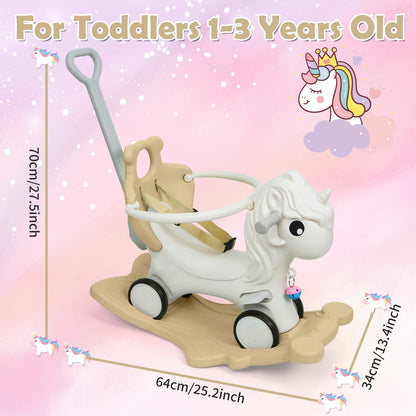 3-in-1 Rocking Horse for Toddlers 12 Months and Up - Balance Bike with Push Handle, Detachable Balance Board, Rocking Toy Ride On for Baby Boys and Girls - Green, Blue, Pink