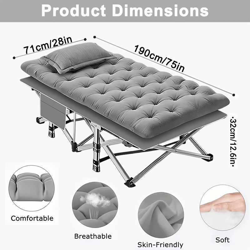 Lit de camping pliant avec matelas et poches latérales – Lit de camp portable robuste pour adultes, lit d'appoint pliable pour le camping, l'extérieur, la terrasse, le bureau ou la chambre d'amis
