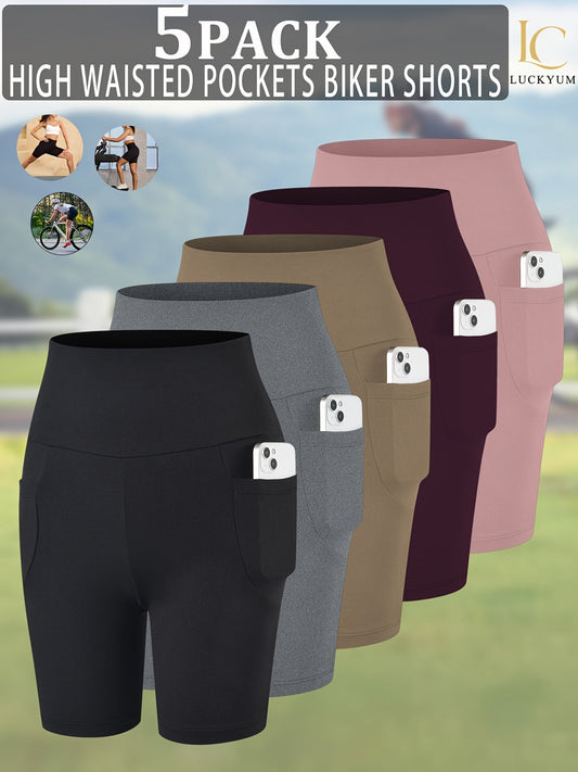 Women's High Waisted Biker Shorts 5 Pack with Pockets | Tummy Control No See-Through | 6" Inseam Workout Running Yoga Athletic Shorts | Soft Stretch | XS-XXL | Mixed Colors