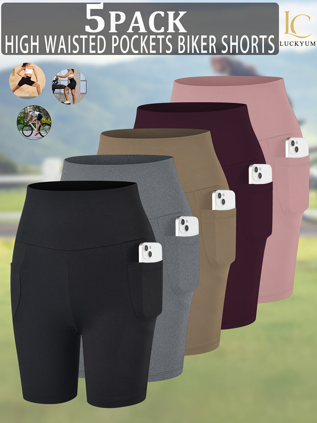 Lot de 5 shorts de cyclisme taille haute pour femme avec poches | Gainant et opaque | Short de sport pour yoga, course et entraînement, entrejambe de 15 cm | Stretch doux | XS-XXL | Couleurs assorties