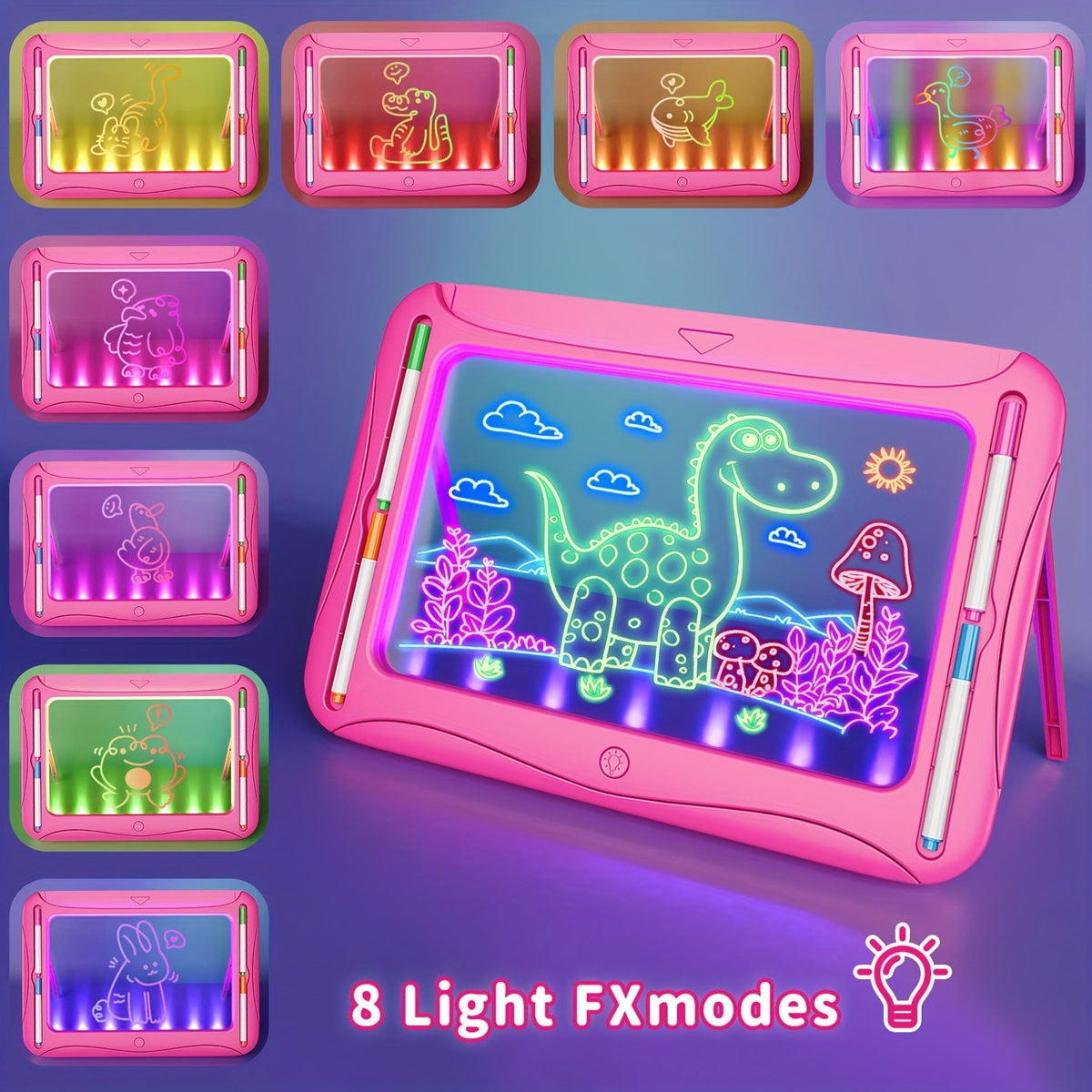 Tablette à dessin lumineuse LED pour enfants de 3 à 8 ans – Kit d’art phosphorescent avec 9 cartes recto-verso et 6 marqueurs, jouet éducatif de voyage, cadeau d'anniversaire et de Noël pour filles et garçons