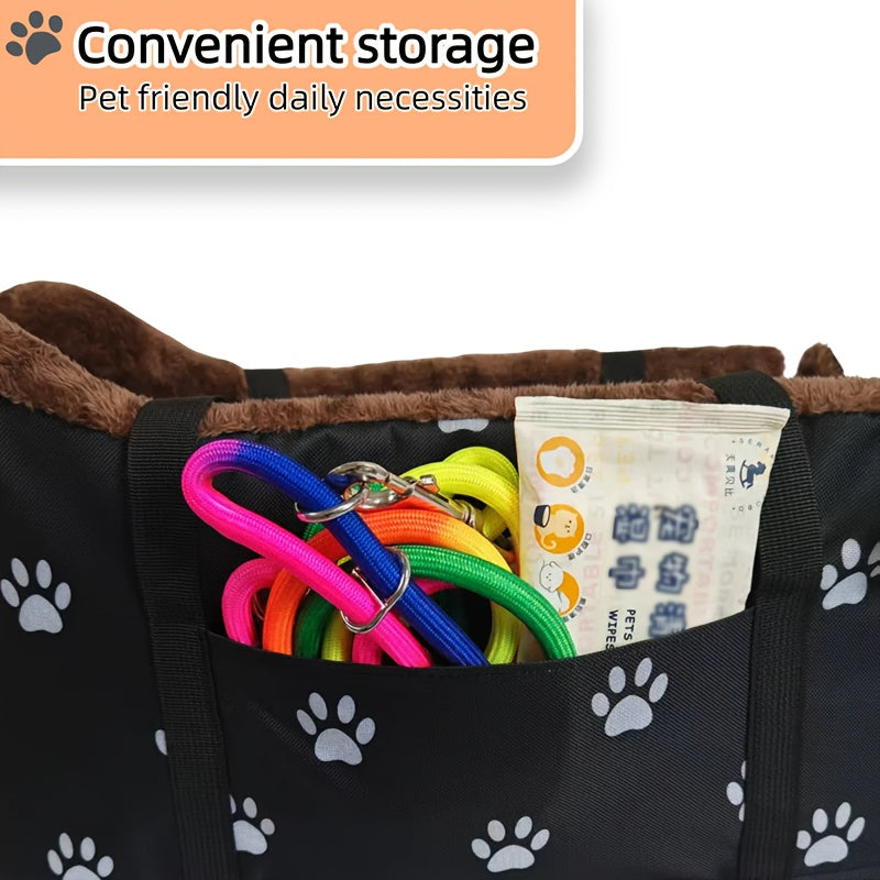 Nid pour console d'accoudoir de voiture pour animaux – Siège-lit portable pour petit chien et chat, nid pour console centrale avec motif d'empreintes de pattes, compagnon de voyage confortable pour petits animaux, empreintes noires et grises