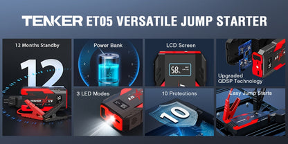 Démarreur de voiture 4000A/6000A avec compresseur d'air 150 PSI – Booster de batterie portable 2-en-1 et gonfleur de pneus, batterie externe à charge rapide USB, lampe de poche à 3 modes pour voitures, camions, motos et SUV