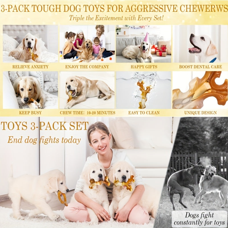 Lot de 3 jouets à mâcher indestructibles en nylon pour chiens destructeurs – Ensemble robuste et durable pour grandes races, motif rayé, jouets dentaires haute résistance pour la poussée dentaire