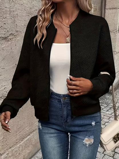 Veste zippée style baseball pour femme - Vêtement d'extérieur décontracté de couleur unie | Manteau sportif doublé en polyester avec bords-côtes, nouveauté mode automne-printemps