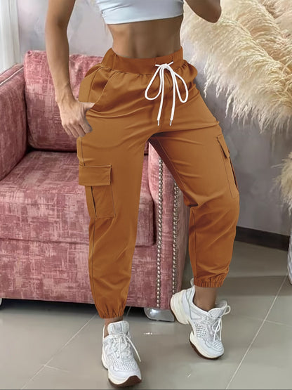 Pantalon cargo femme, taille cordon de serrage, poches multiples, ourlet effiloché, confort toute saison, coupe décontractée, tenue décontractée - Noir Kaki Olive Gris Marine Gris foncé S M L XL XXL Tissu extensible tissé