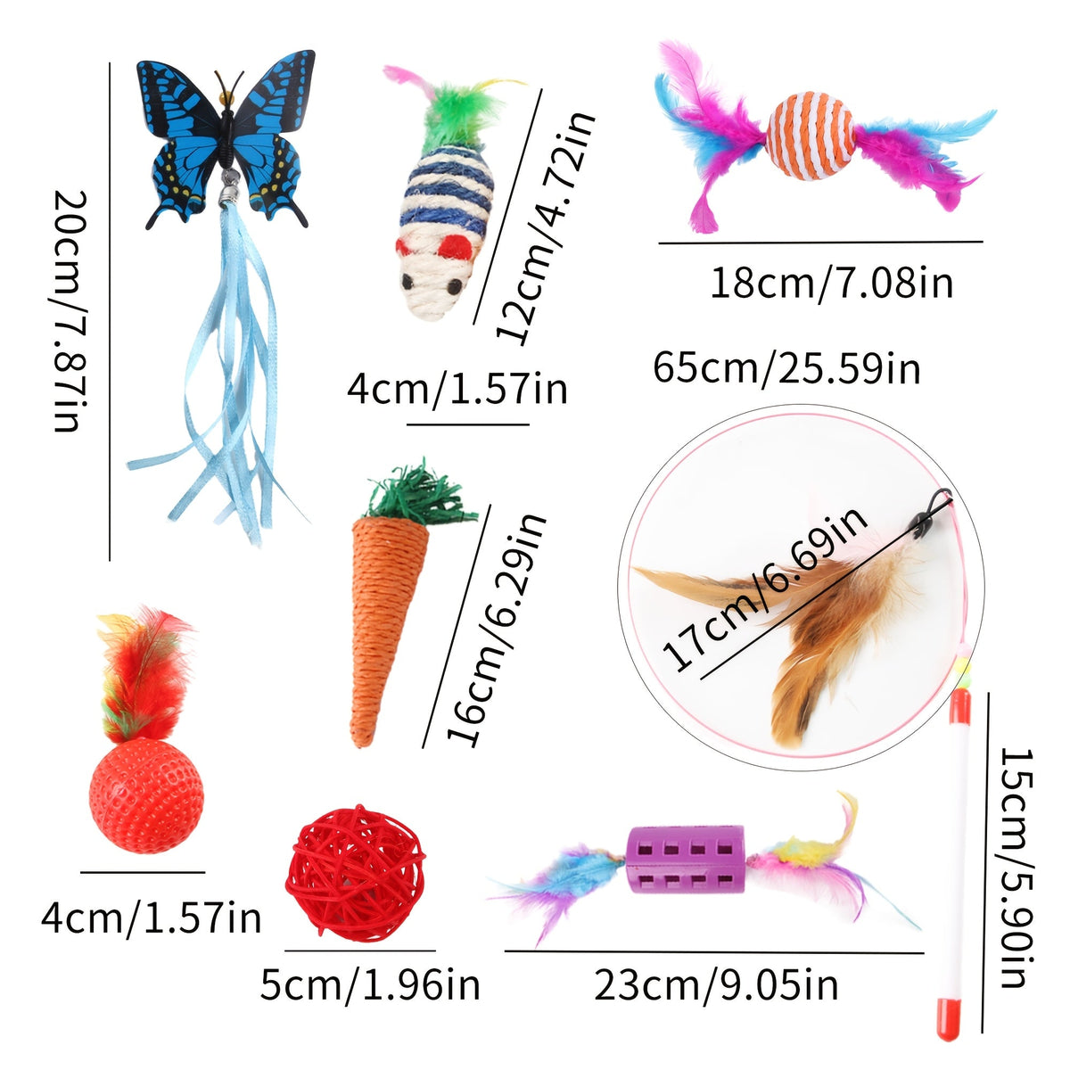 Ensemble de jouets variés pour chats 16/32/64/200 pièces - Assortiment de jouets interactifs en plastique, plumes et polyester pour chats, couleurs et styles aléatoires, lot de jouets en gros pour chats et chatons, pack découverte pour le jeu quotidien