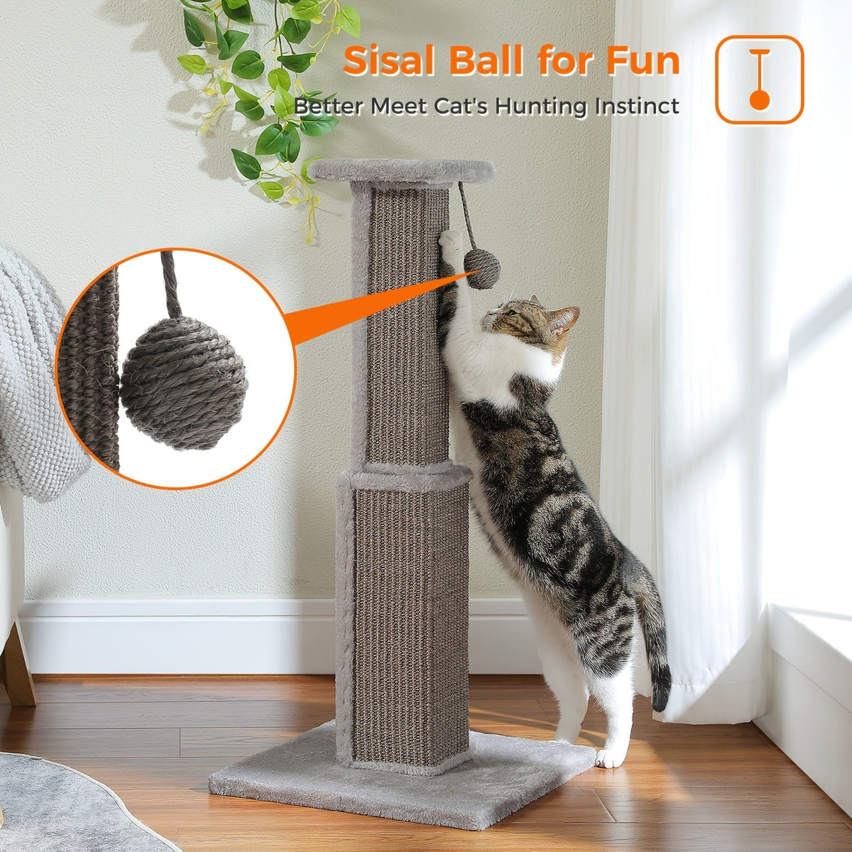 Arbre à chat à plusieurs niveaux avec poteau en sisal et jouets suspendus pour chats d'intérieur, tour d'escalade robuste et centre d'activités pour chats énergiques, disponible en gris et noir