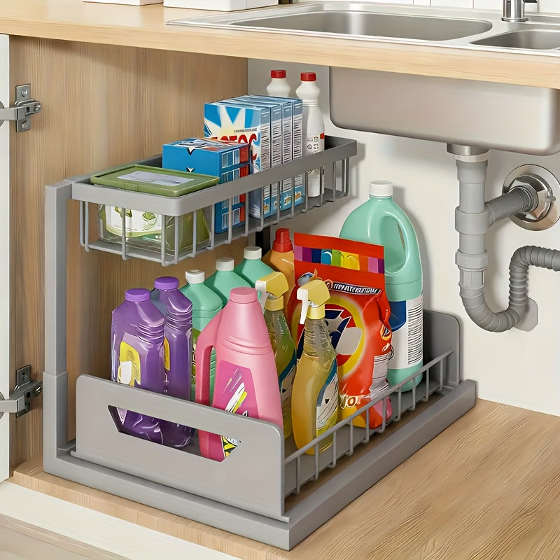 Organisateur sous évier à 2 niveaux, tiroir coulissant en métal pour rangement de cuisine, salle de bain ou plan de travail, accessoires de rangement et étagère.