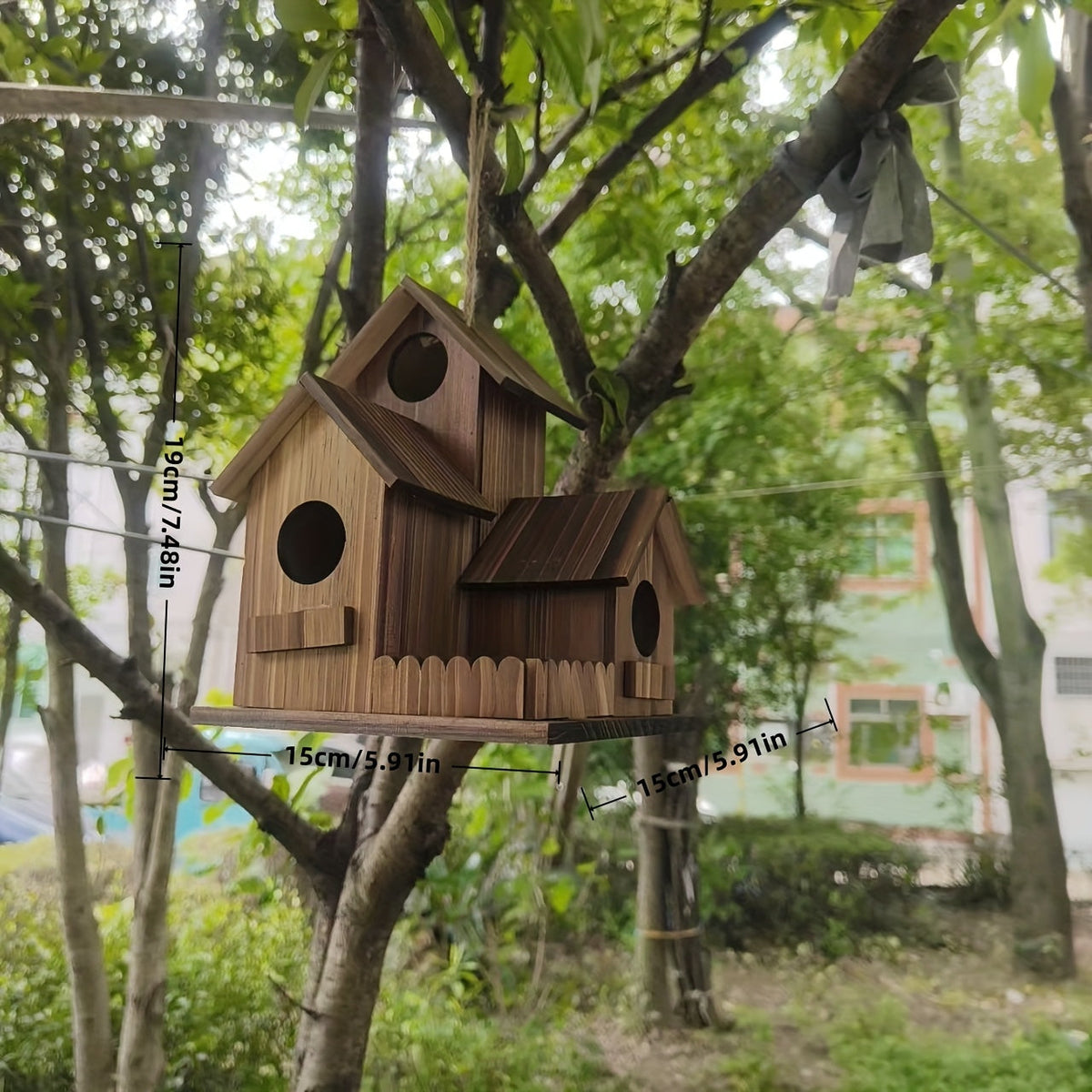 Nid d'oiseau extérieur en bois à 3 compartiments, nichoir rustique en bois naturel pour jardin, arrière-cour et terrasse – Nichoir artisanal pour petits oiseaux sauvages, décoration d'habitat naturel