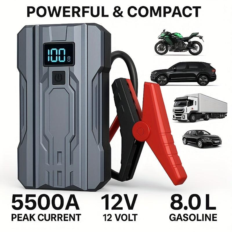 Démarreur de batterie portable 5500A pour voiture – Booster de batterie 12 V pour moteurs essence 8,0 L et diesel 6,0 L, bloc d'alimentation de secours compact avec câbles de démarrage de sécurité, charge rapide et lumières LED