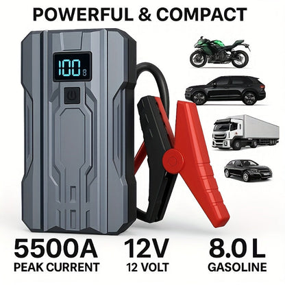 Démarreur de batterie portable 5500A pour voiture – Booster de batterie 12 V pour moteurs essence 8,0 L et diesel 6,0 L, bloc d'alimentation de secours compact avec câbles de démarrage de sécurité, charge rapide et lumières LED