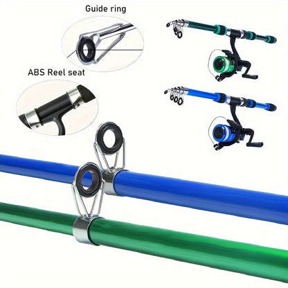 Kit de pêche complet avec canne, moulinet, ligne, leurres souples et hameçons, action rapide, ambidextre, pour pêche en eau douce et en mer - Cadeau idéal pour pêcheur débutant en plein air, Bleu Vert
