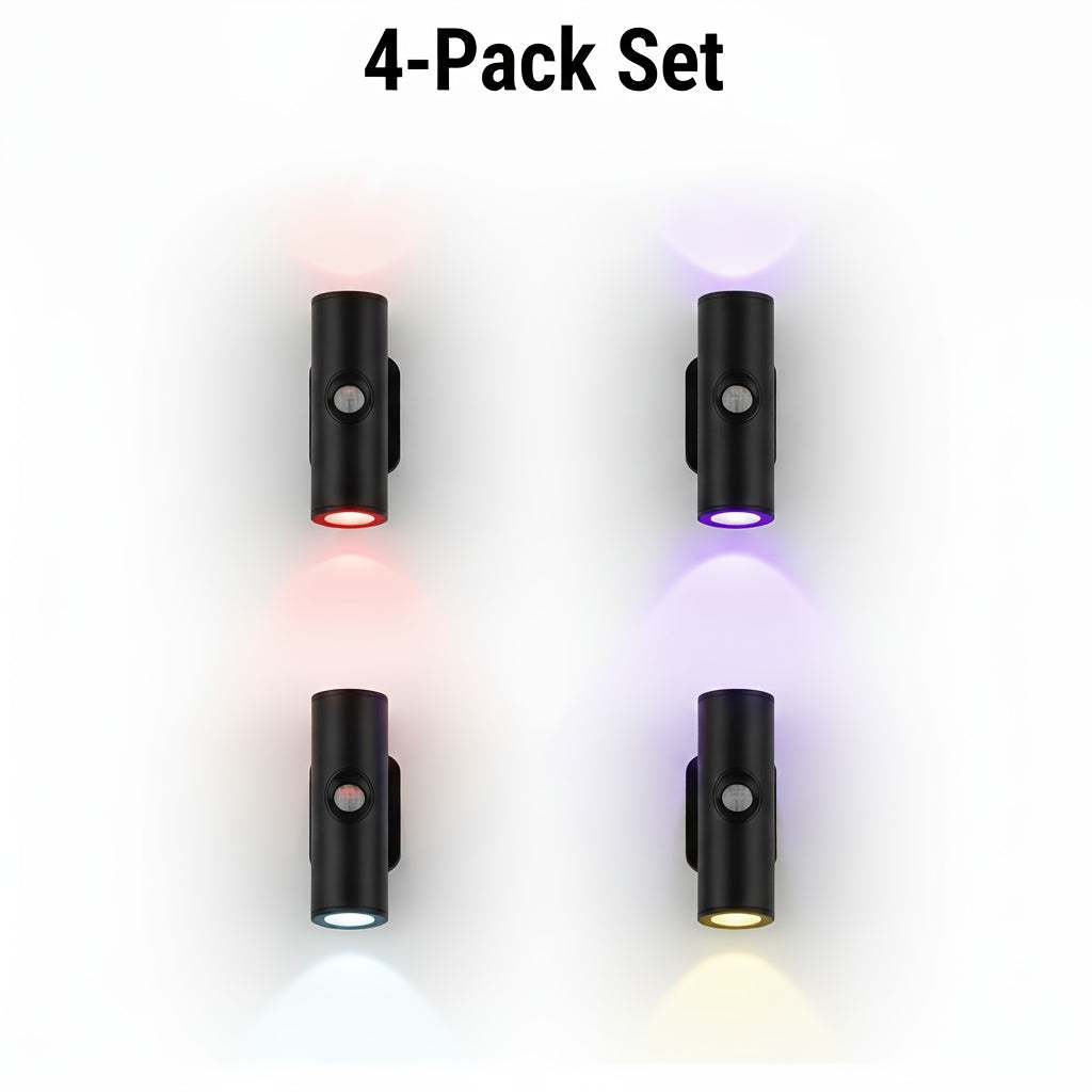 Lot de 4 appliques murales à détecteur de mouvement – Veilleuse LED magnétique, sans fil et rechargeable, double tête, 3 couleurs RVB, pour chambre, escalier, placard, armoire et intérieur de camping-car | Velora