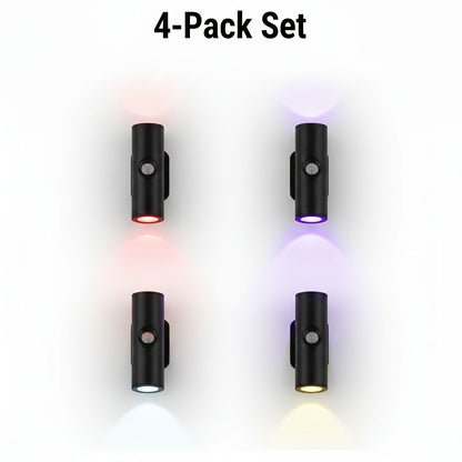 Lot de 4 appliques murales à détecteur de mouvement – Veilleuse LED magnétique, sans fil et rechargeable, double tête, 3 couleurs RVB, pour chambre, escalier, placard, armoire et intérieur de camping-car | Velora