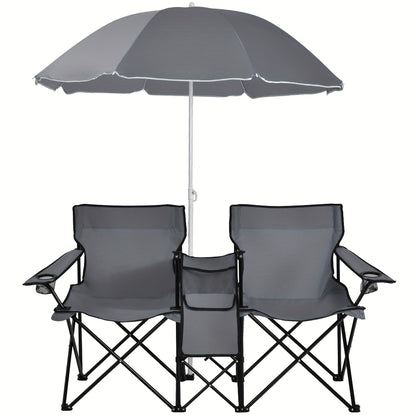 Ensemble de 2 chaises de plage pliantes avec parasol, table et sac isotherme – Chaise de pique-nique compacte et pliable pour la plage, le camping et les sorties en plein air, capacité de 122 kg par siège