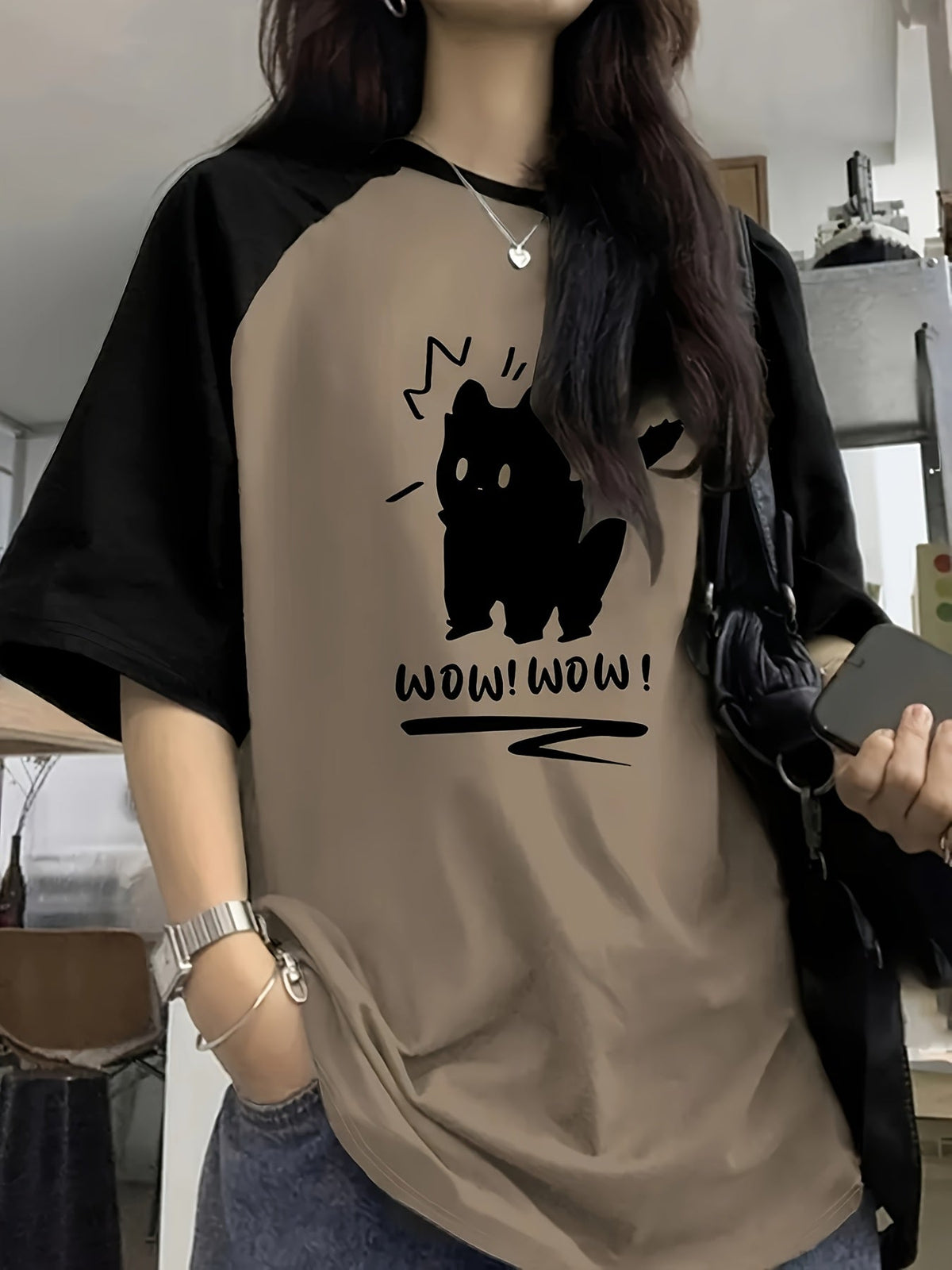 T-shirt femme style Y2K à manches raglan avec motif lettre chat mignon, col rond, haut décontracté extensible, vert olive, chameau, rouge, S M L XL XXL