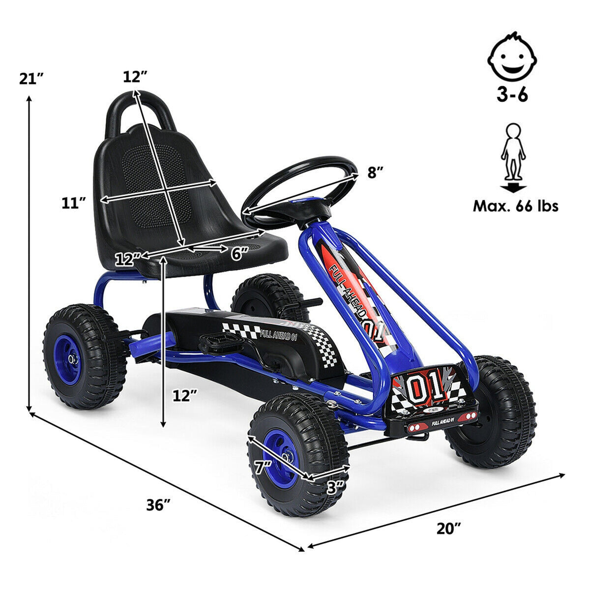 Kart à pédales pour enfants de 3 à 6 ans, voiture à pédales à 4 roues avec siège réglable, frein à main, roues antidérapantes, kart de course extérieur pour garçons et filles - Bleu, vert, rouge, rose