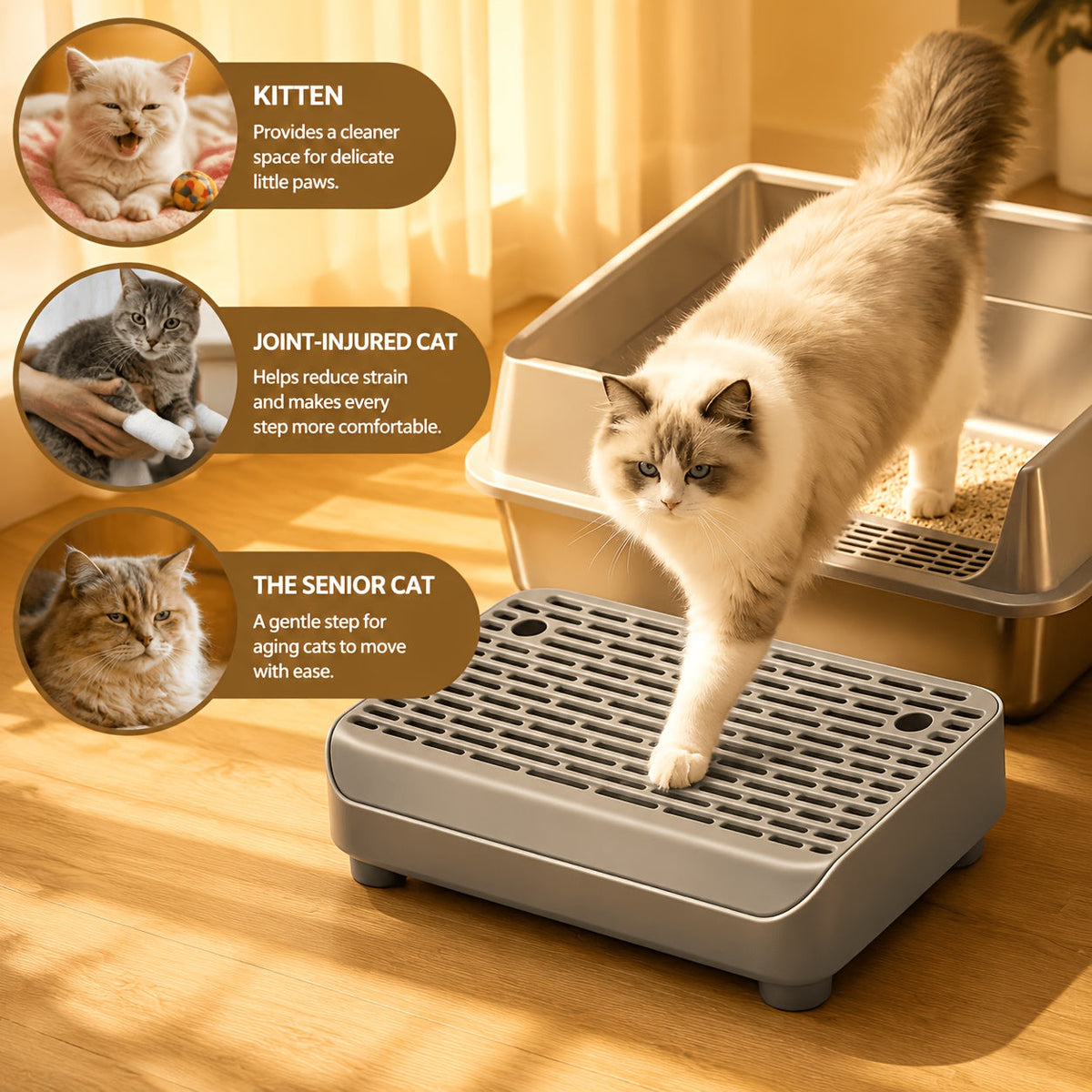 Tapis de litière pour chat double épaisseur avec rebord et pieds amovibles – Conception filtrante antidérapante et étanche, facile à nettoyer, convient à la plupart des bacs à litière, gris clair