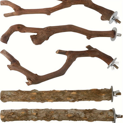 Perchoir pour oiseaux en bois naturel, lot de 5, bois de vigne et frêne épineux pour mâcher et limer les griffes, pour calopsittes, perruches, conures soleil – Ensemble de supports pour cage à oiseaux